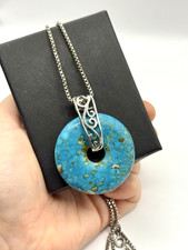835 Silber Kette mit Türkis Anhänger Donut Edelstein Vintage Schmuck