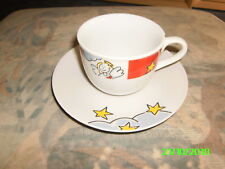 Weihnachtstasse +Teller, 2 tlg., rot-bunt, "Engel + Sterne", Porzellan,gebraucht
