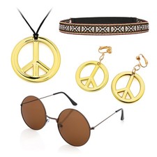 Hippie Accessoires 4er Pack - Kette, Ohrringe, Brille und Stirnband
