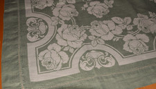 Alte Leinen Damast Tischdecke Webmuster grün Hohlsaum 145 x 123 cm (13663)