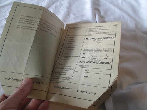 Kraftfahrzeugbrief 1938 auto - 1938,