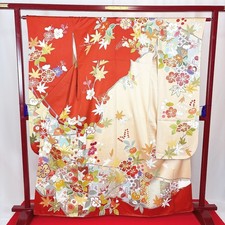 Japanischer Kimono 'FURISODE' Seide/Rot/Beige/Kranich/Blume/Länge:166cm N695