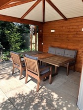 Gartenmöbel Teak Holz massiv: Tisch, 2 Stühle, Bank, Kissen