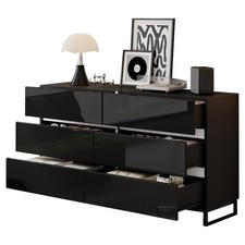 Hochglanz Sideboard Kommode mit 6 Schubladen,LED Beleuchtung App Control Schwarz