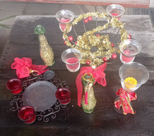 Deko golden Flaschen rote schleifen steine kerzenhalter Teelichthalter konvolut