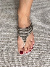 Sandale Sandalette Flip Flop Zehentrenner Perlen Silber Grau Velour 36