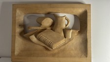 Holzbild geschnitzt Stilleben Wasser, Brot und Buch T 3,5 x L 49 x H 30 cm