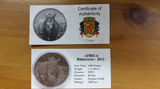 1000 Francs 1 OZ Kongo Congo Nashorn Rhinoceros Antique Finish / Antik Finish 