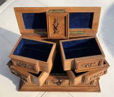 Antiker NÄHSCHRANK MIT TISCHPLATTE geschnitzt Satinholz hat hochgehobenen Deckel & Innenauszüge