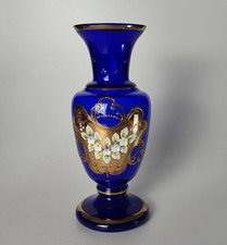 Blaue Böhmische Glas Kristall Vase mit Gold und Emaille Malerei Kobaltglas