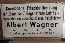 340 Altes Emailschild Werbung für Cirkulations-Frischluftheizung Alfred Wagner