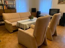 Couchgarnitur Velours-Leder hell: 1 Doppelbett-Sofa + 2 Relax-Sessel 