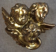 Wandskulptur Relief " Drei Engelsköpfe" Metallguss – Messing / Farben - Vintage