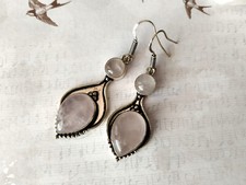 Ohrringe 925 Sterling Silber - Cabochon Rosenquarz, Boho-Ohrhänger, Hängeorringe