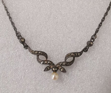 Vintage Silber Halskette Collier mit Markasit-Steinen und einer Perle 925er