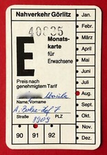 DDR Monatskarte für Erwachsene Nahverkehr Görlitz von 1989    ( 99829