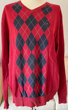 TOMMY HILFIGER Vintage Herren FeinStrick PULLOVER Gr L/G Rot Blau Rauten V-Aussc