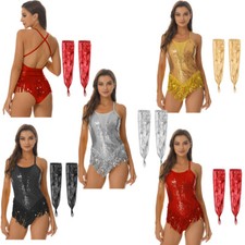 Frauen Trikot Pailletten Outfit Samba Bodysuit Jumpsuit Set Kreuz Zurück Kostüm