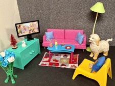 Barbie Wohnzimmer Möbel, Sofa, Tv Schrank , Tisch,Lampe , Zubehör