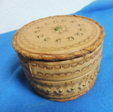 🌷komplett aus LEDER Dose Schmuckdose SCHATULLE RUND m. Signatur  alt Handarbeit