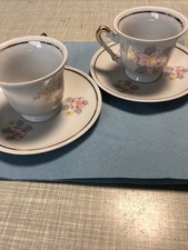 Fena Porzellan 2 Tassen Und Untertassen Set Espresso Kaffee Mokka Goldrand Blume