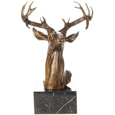 Bronzefigur Skulptur Bronze Statue Hirsch Hirschkopf Wild auf Marmorsockel 48cm