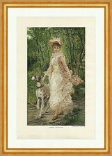 Treu Bewacht J. Koppay Frau coloriert Hund Tiere Garten Park Holzstich E 16542