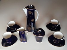 Weimar Porzellan Mokka Service Mocca Kobalt Golddekor Kanne Tassen.. 4 Pers. DDR