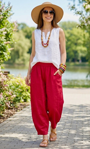 Damen leinen haremshose rot - haremshose,