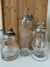 Bierkrug Bierseidel Kristall Glas Zinn Deckel hochwertig mit Schliff 3 Stück