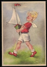 Künstler-AK Swildens: Kleiner Junge trägt ein Spielzeug-Segelboot 