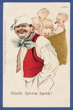 Litho um 1900, Ooch hinne heite!, Mann mit Kiepe voller Kleinkinder, Künstlerkar