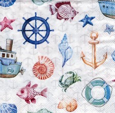 3 Servietten ~ Maritim, Fisch, Krabbe, Anker, Steuerrad, Schiff, Muscheln ~33x33