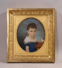 vo3/13  Biedermeier Portrait  Pastellzeichnung 19. Jahrhundert Kind mit Pferd