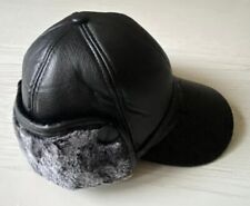 HERREN Kunst Leder Winter Baseball Cap mit Ohrenschutz/Nackenschutz SCHWARZ Fell