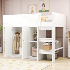 Multifunktionales Hochbett Kinderbett 90x200 mit Stauraum Schrank & Regalen Weiß
