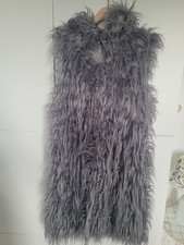 Fake Fur Kunstfell Weste long Kapuze silbergrau M/L onesize