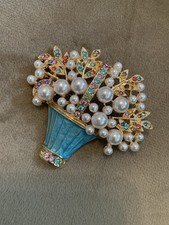 Jugendstil Edelstahl Brosche Anstecknadel Silber Blumen Korb Perlen Groß Neu