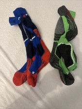 2 Paar Falke Skisocken Kinder Gr. 31-34 Blau/rot Und Grün/grau Sehr Gut Erhalten