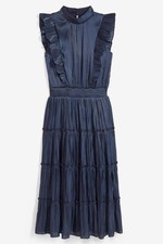 Satin-Kleid mit Volants Gr. 38 Dunkelblau Damen Partykleid Ärmellos Neu