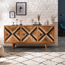 Elegantes Sideboard LONG ISLAND 160cm Mangoholz-Optik mit Retro Muster Schrank