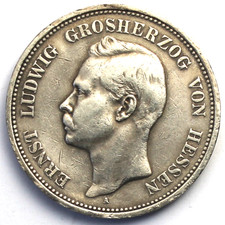 Kaiserreich, Hessen 5 Mark 1899 A Großherzog Ernst Ludwig Silber J#73, KM#369