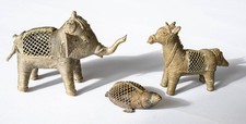 3 DHOKRA Messingfiguren - Elefant, Pferd, Schildkröte, antik, gut erhalten