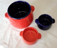Keramik Steingut Suppenterrine + 2 Suppenschalen blau/rot 70er Vintage