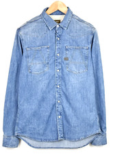 G-Star A Crotch Work L/S Shirt Herren M Denim Blau Verblichen Snap Knöpfe