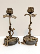 Zwei BRONZE Kerzenleuchter JUGENDSTIL Seerosen LIBELLEN Onyx um 1890 Einflammig