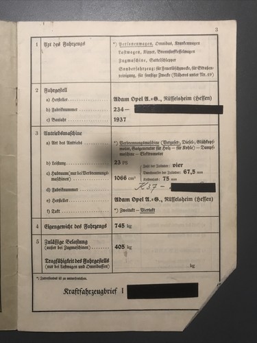 Opel kadett 1937 papiere - papiere, brief