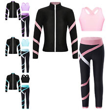 DE Mädchen Sport Kleidung Set Langarm Eiskunstlauf Jacke+Crop Top+Lang Hose