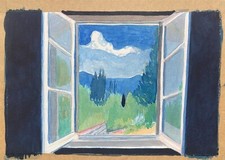 Blick auf Wiesenlandschaft mit Bergen Fensterblick Joachim Cordsen Berlin