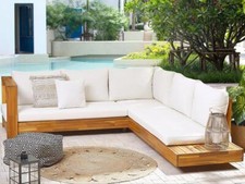 Designer Massivholz Lounge R Akazie Gartenmöbel Sofa braun weiss Terrasse Balkon